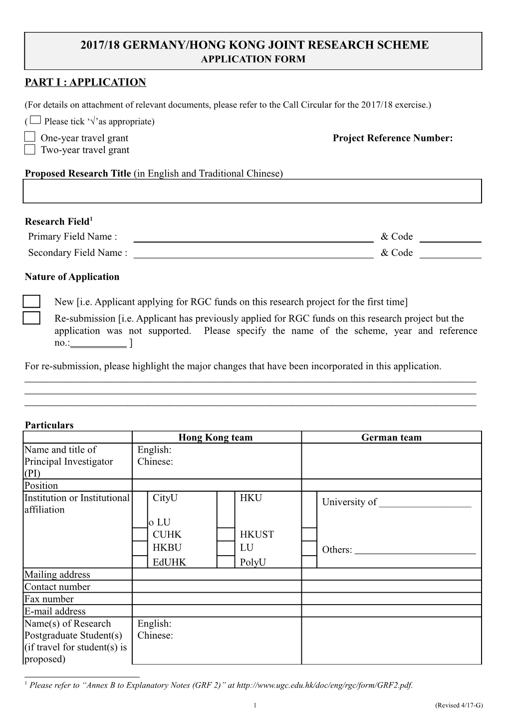 Germany/HK Joint Research Scheme Application 2012