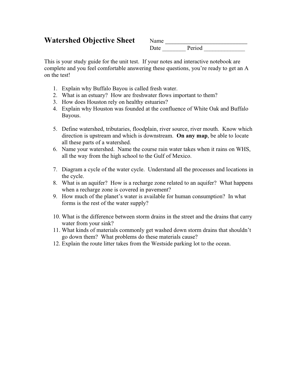 Watershed Objective Sheet Name ______