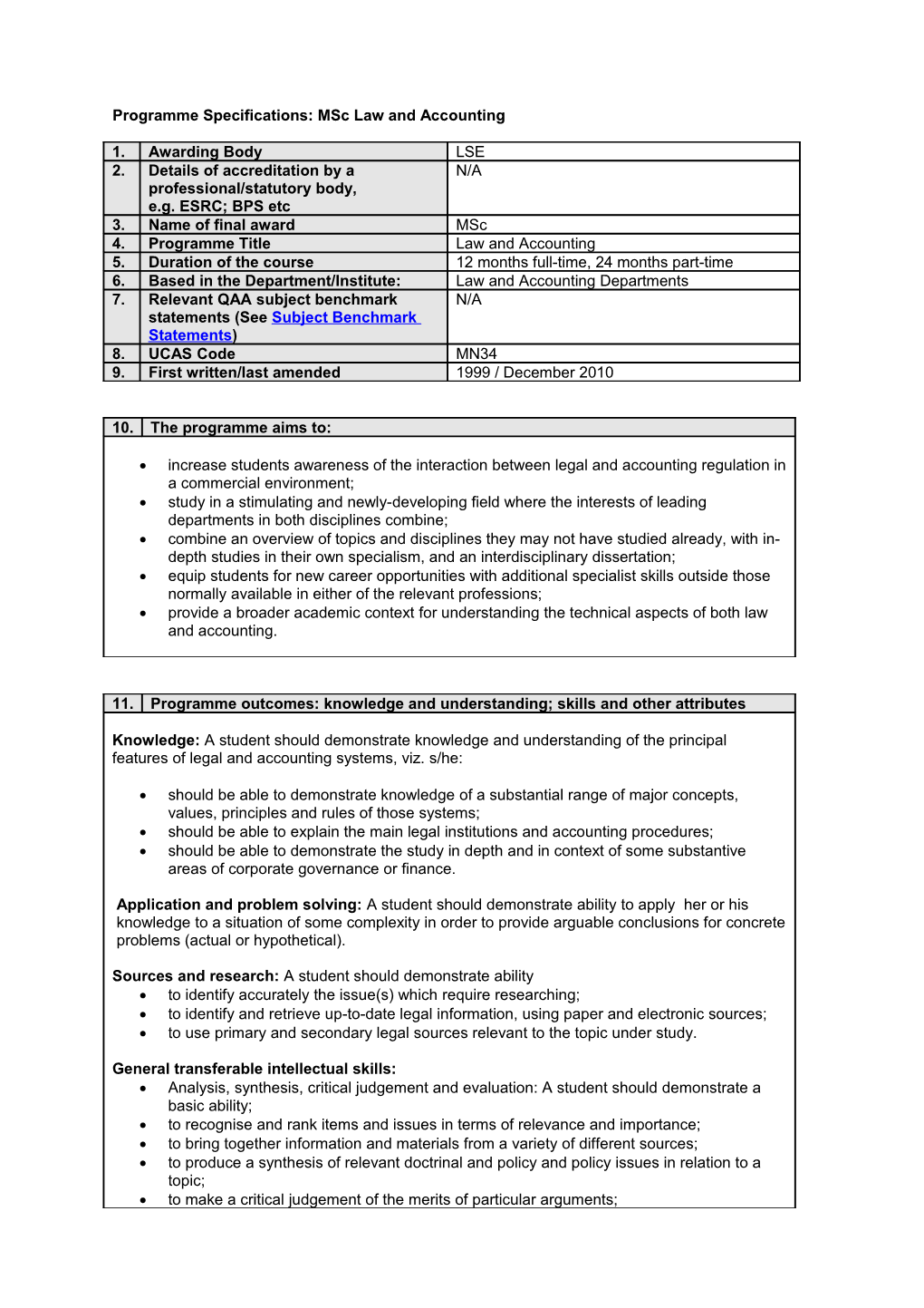 Programme Specifications: Msc Law and Accounting