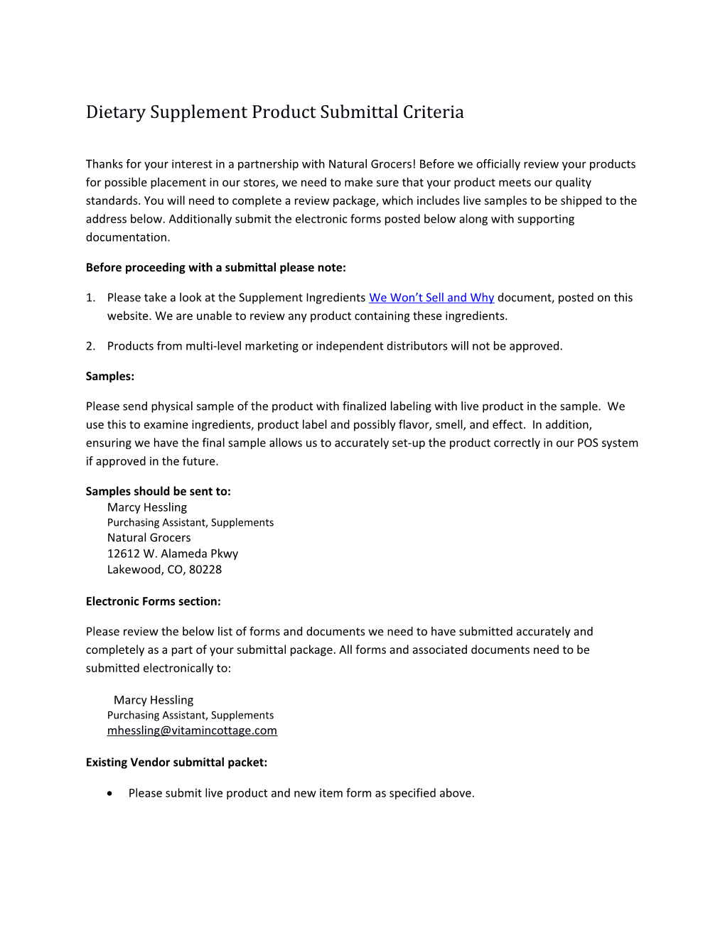 Dietary Supplement Product Submittal Criteria