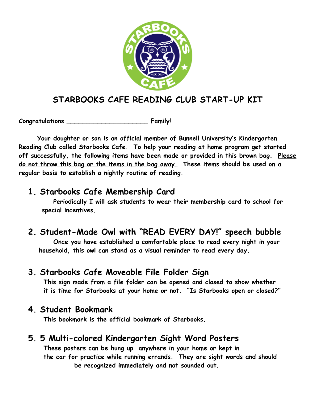 Starbooks Cafe Reading Club Start-Up Kit