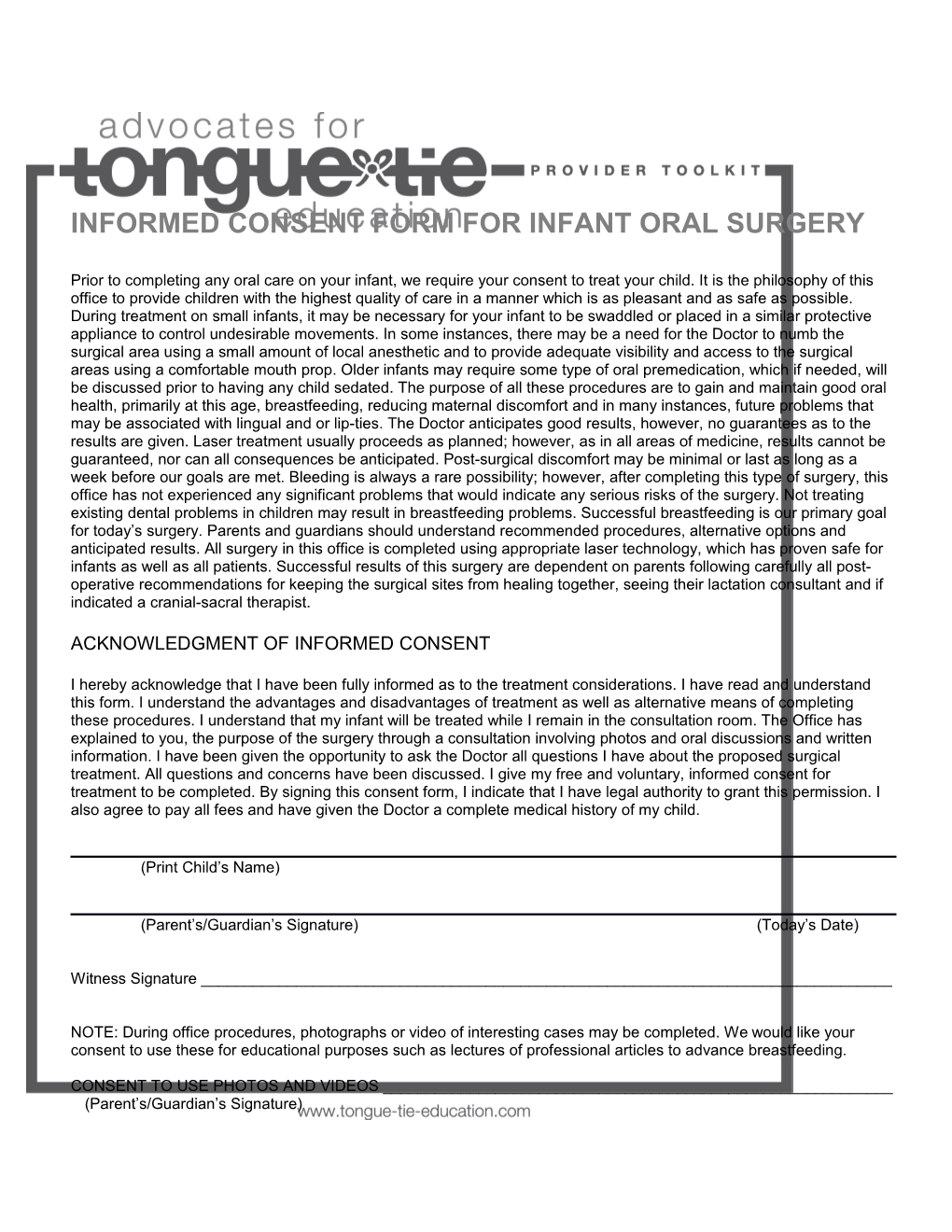 Informed Consent Form for Infant Oral Surgery