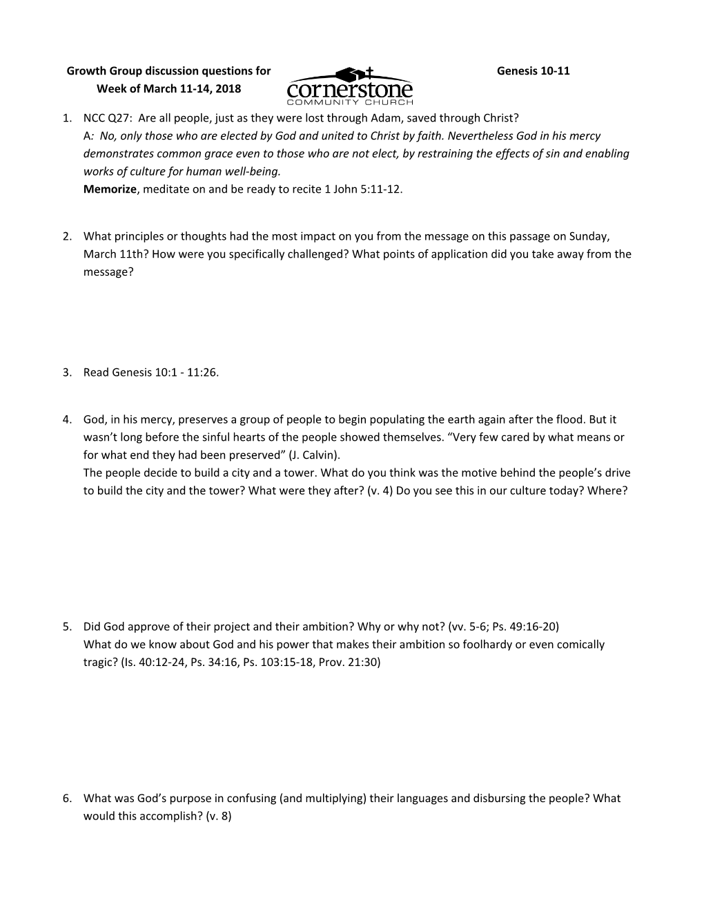 Growth Group Discussion Questions for Genesis 10-11 Week of March 11-14, 2018