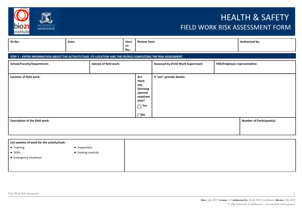 Field Work Risk Assessment Form