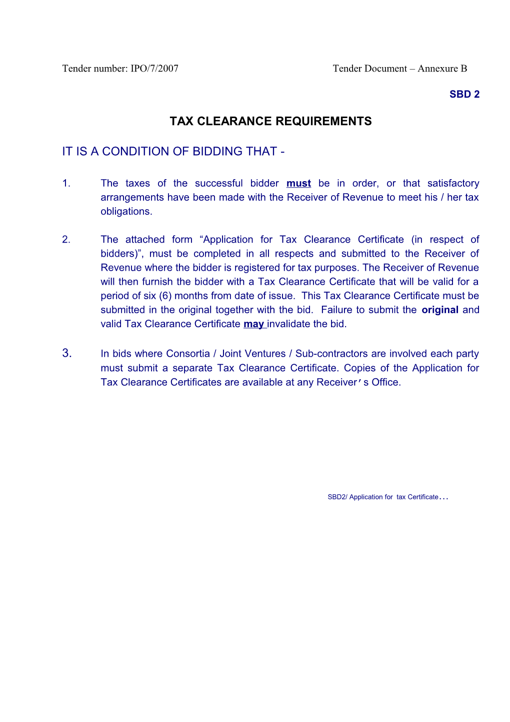 Application for Tax Clearance Certificate (In Respect of Tenders)