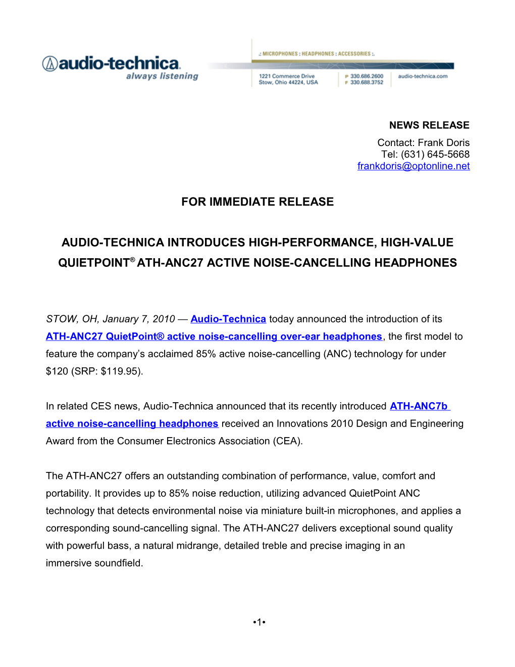 Audio-Technica ATH-ANC27 Press Release