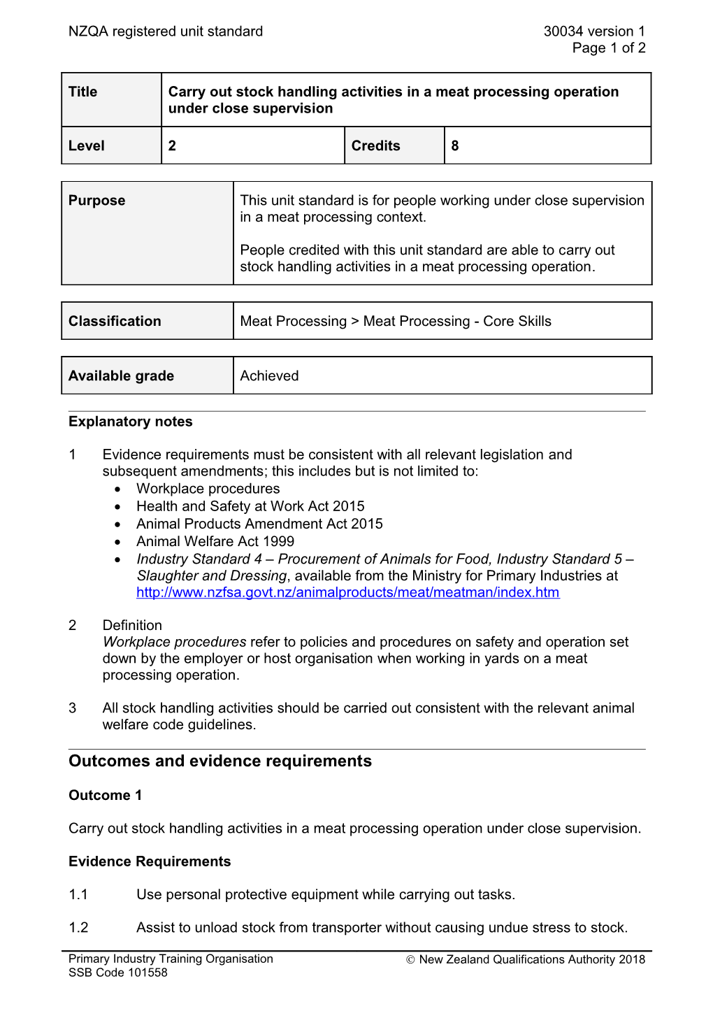 30034 Carry out Stock Handling Activities in a Meat Processing Operation Under Close Supervision