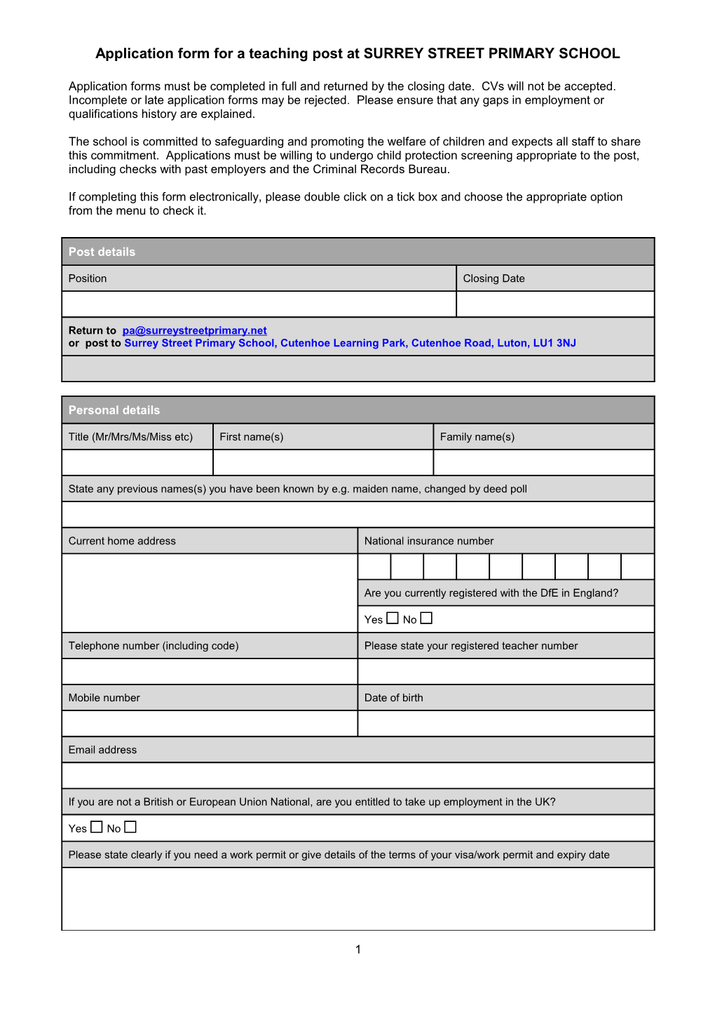 Application Form for a Teaching Post at SURREY STREET PRIMARY SCHOOL