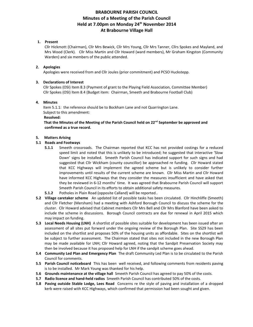 BRABOURNE PARISH COUNCIL Minutes of a Meeting of the Parish Council