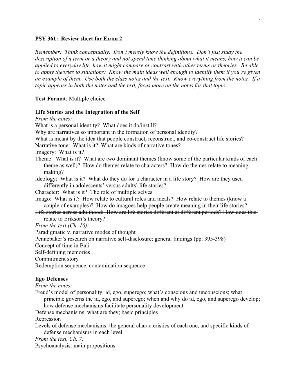 PSY 361: Review Sheet for Exam 1