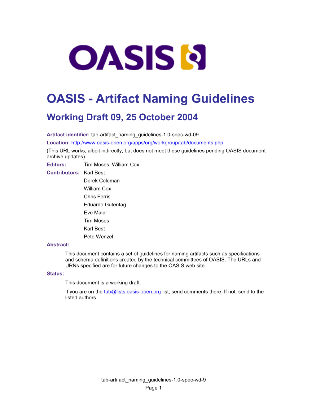 OASIS - Artifact Naming Guidelines