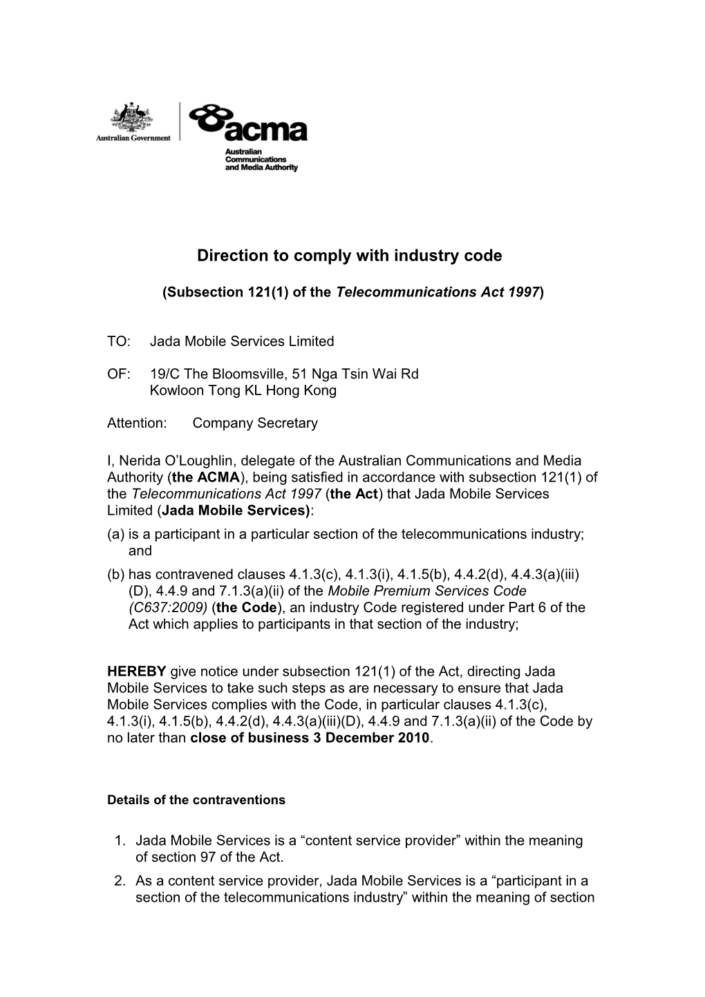 Jada Mobile Svces - Directions to Comply