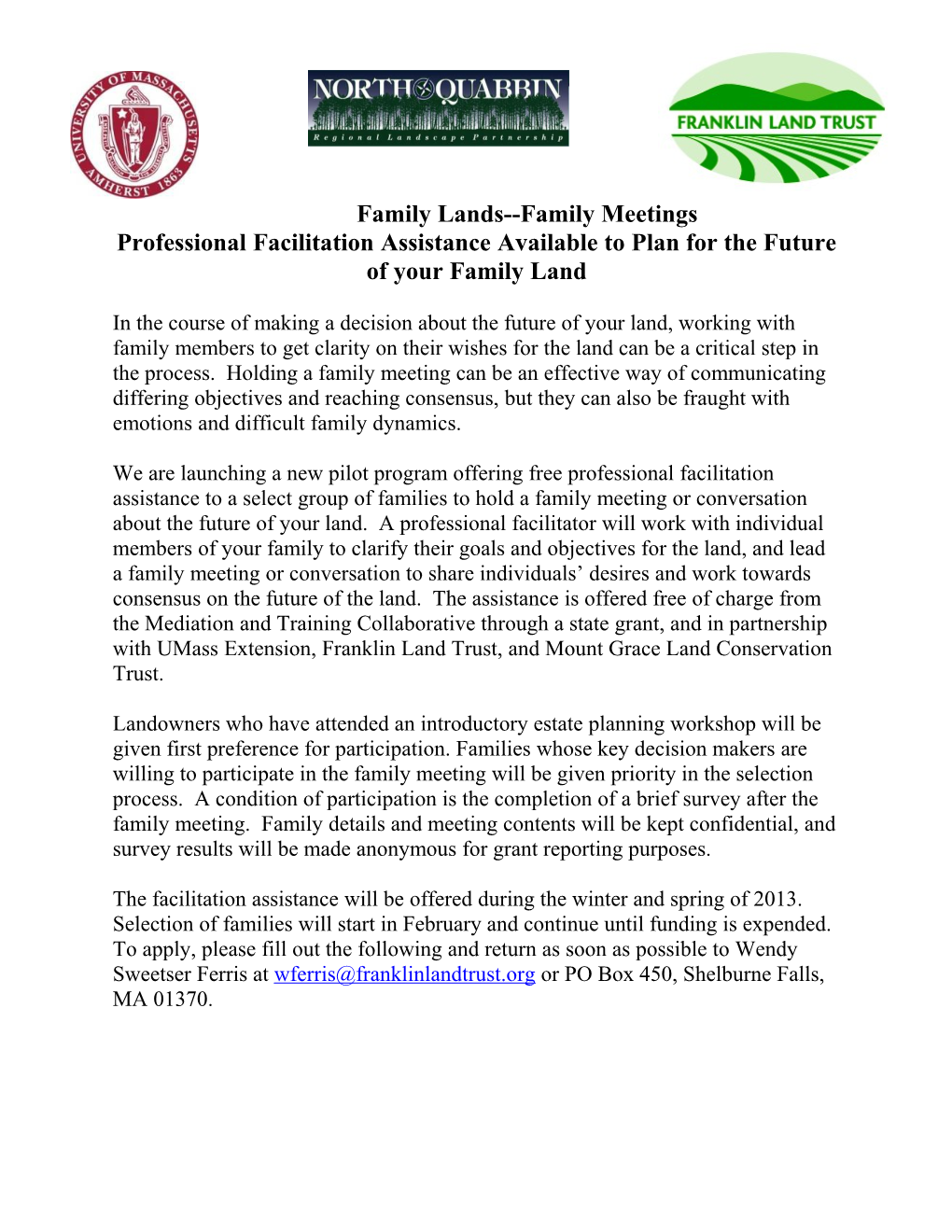 Family Lands Application for Professional Facilitation Assistance