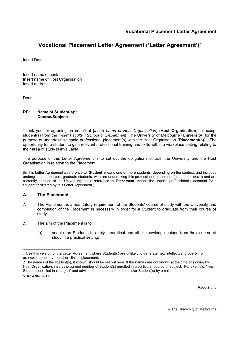 Vocational Placement Letter Agreement ( Letter Agreement ) 1