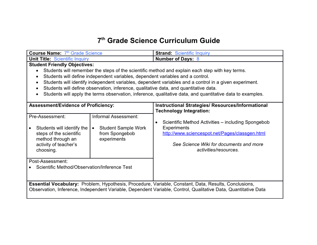 7Th Grade Science Curriculum Guide