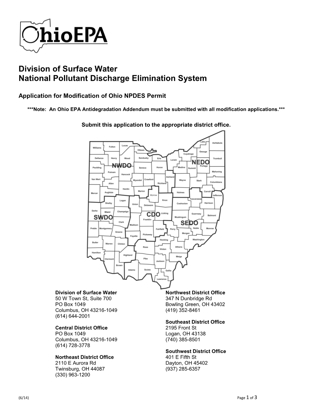 Application for Modification of Ohio NPDES Permit