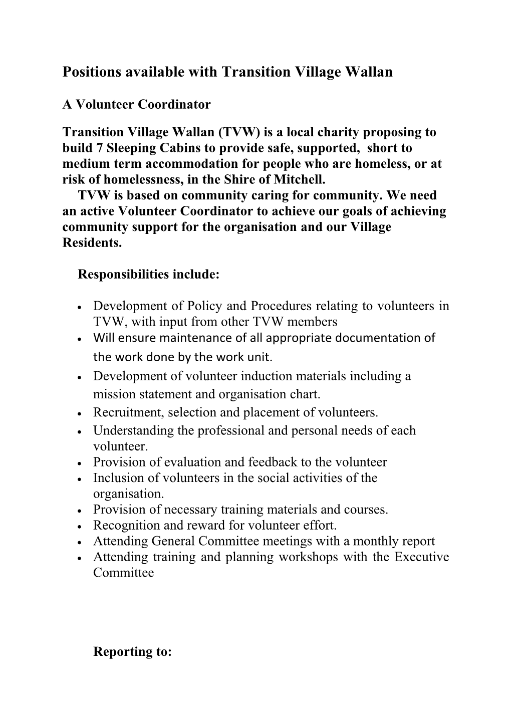 Positions Available with Transition Village Wallan