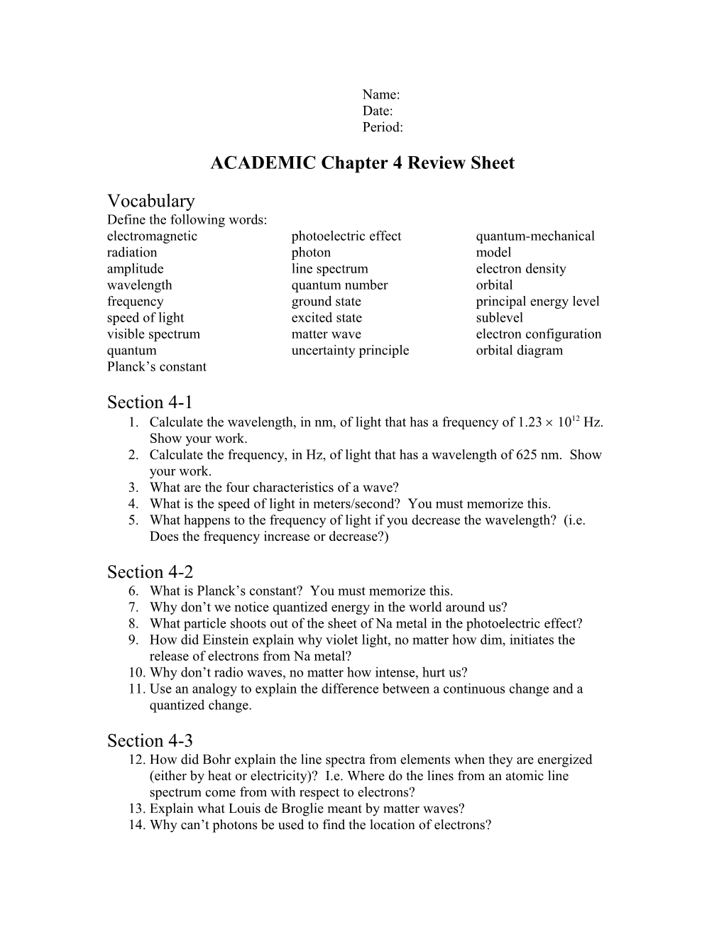 ACADEMIC Chapter 4 Review Sheet