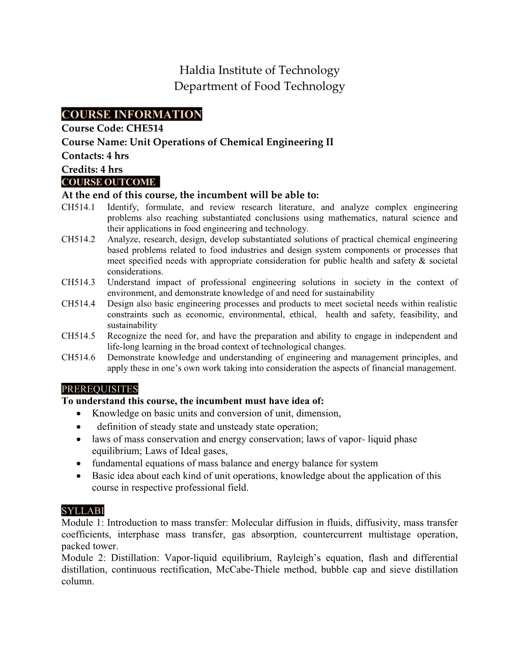 Course Name: Unit Operations of Chemical Engineering II