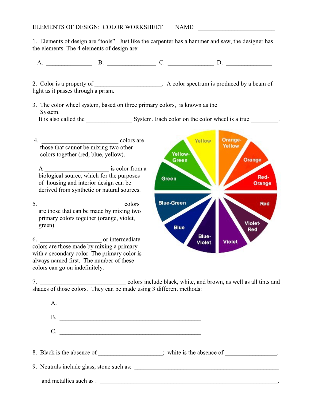 Elements of Design: Color Worksheet Name: ______