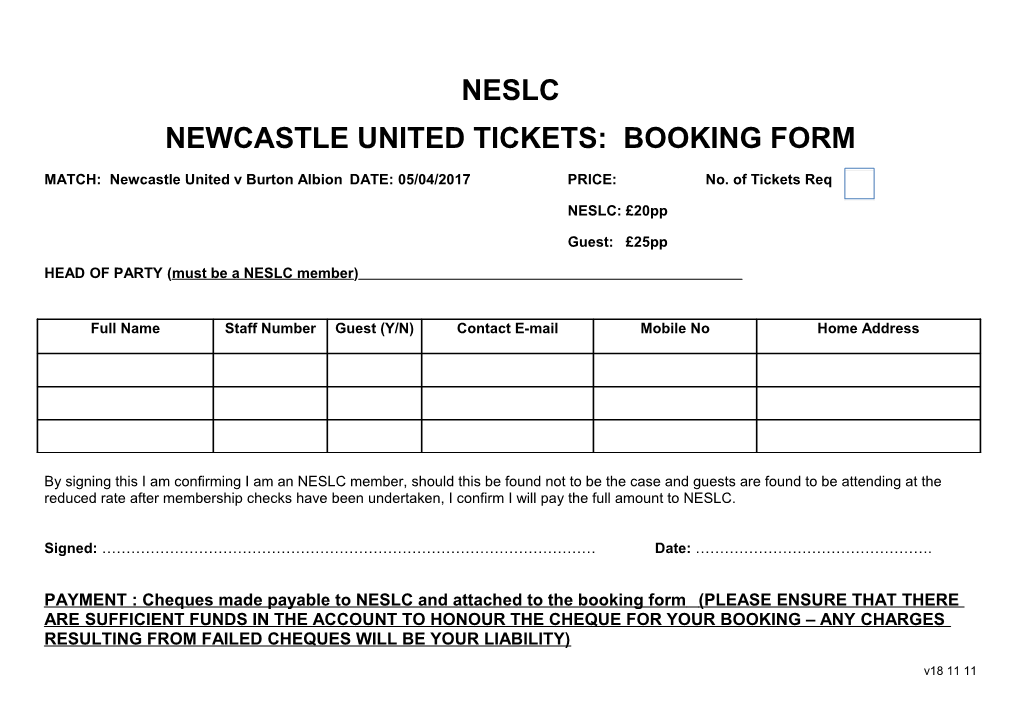 NESLC Booking Form