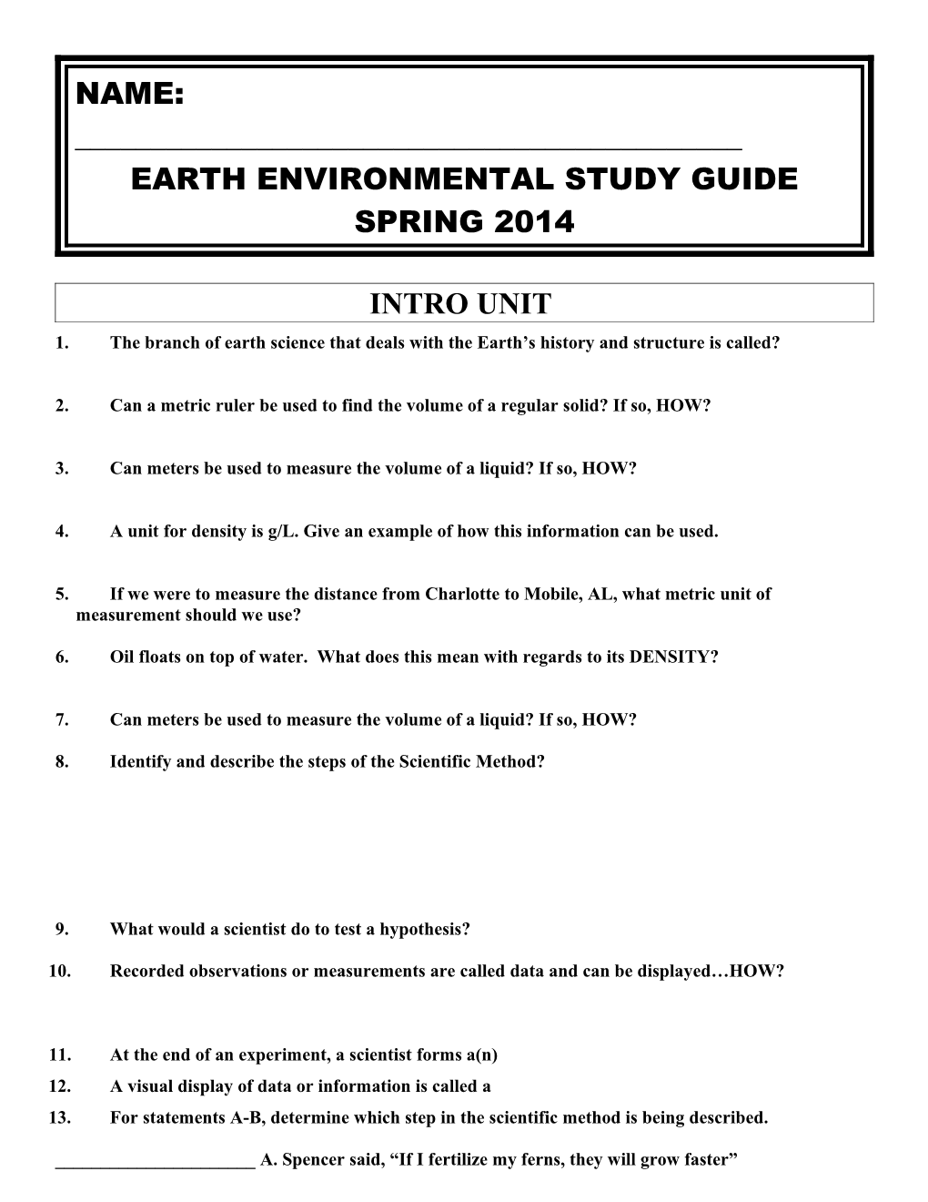 Earth Environmental Study Guide