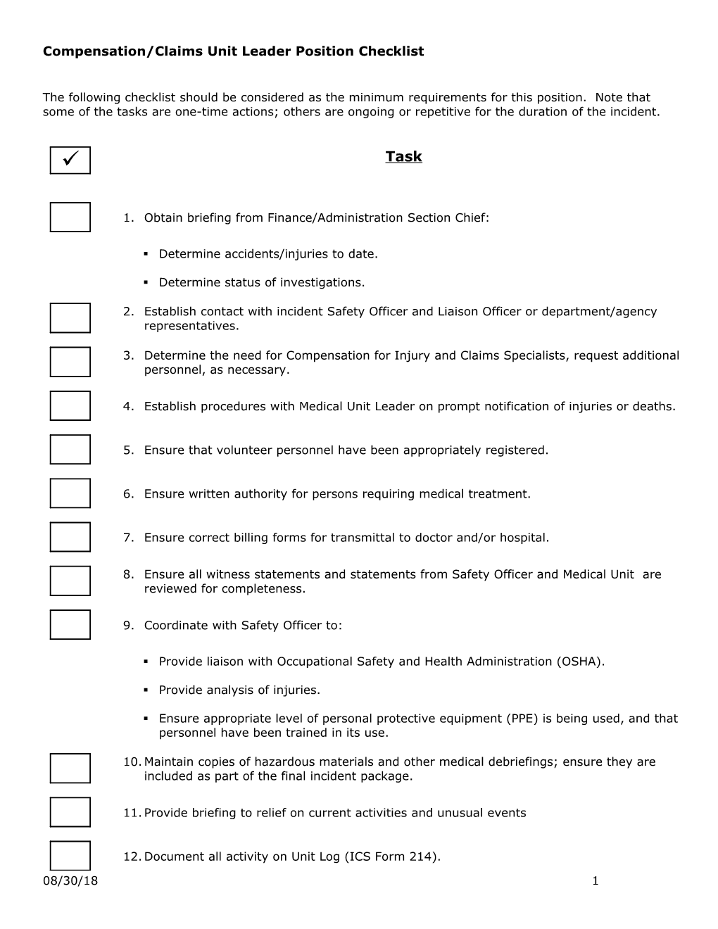 Compensation/Claims Unit Leader Position Checklist