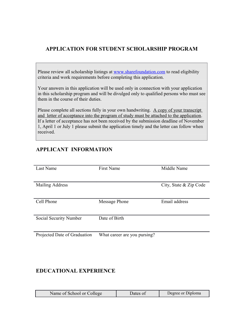 Application for Student Scholarship Program