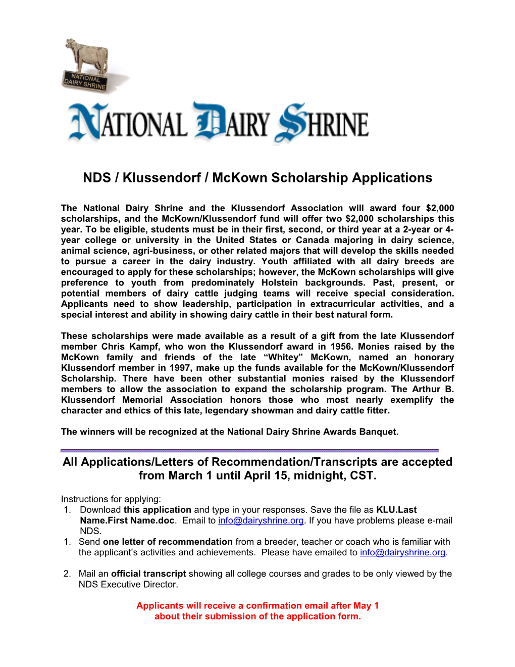 NDS / Klussendorf / Mckown Scholarship Applications