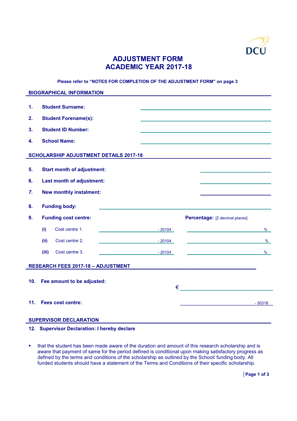 Please Refer to NOTES for COMPLETION of the ADJUSTMENT FORM on Page 3