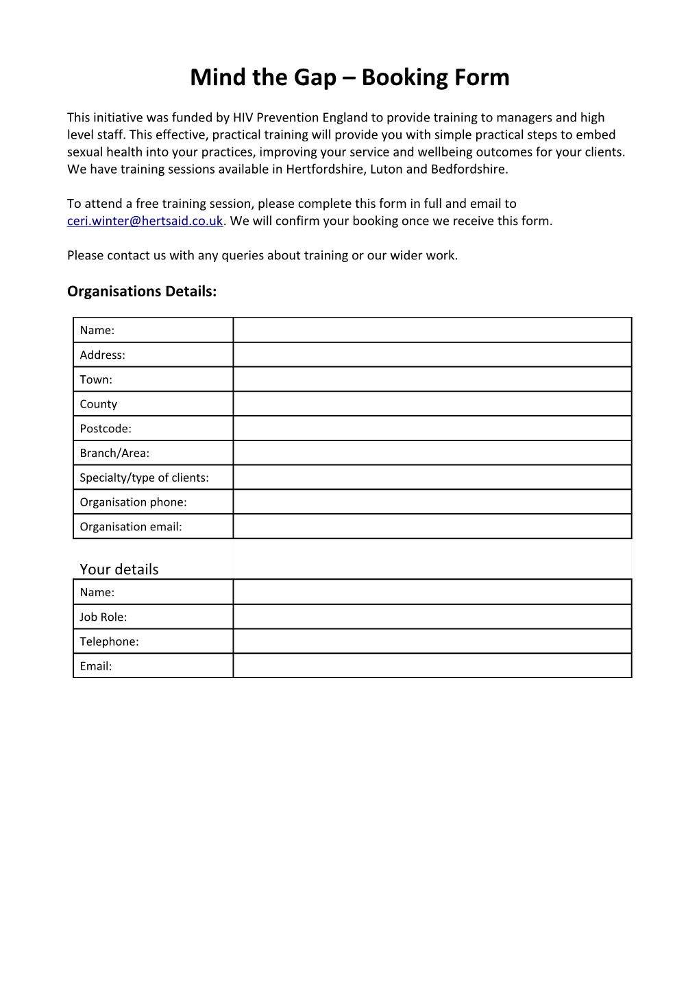 Mind the Gap Booking Form