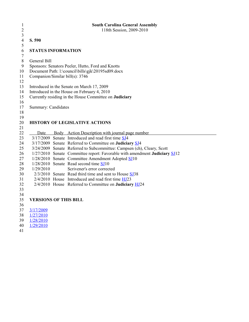 2009-2010 Bill 590: Candidates - South Carolina Legislature Online