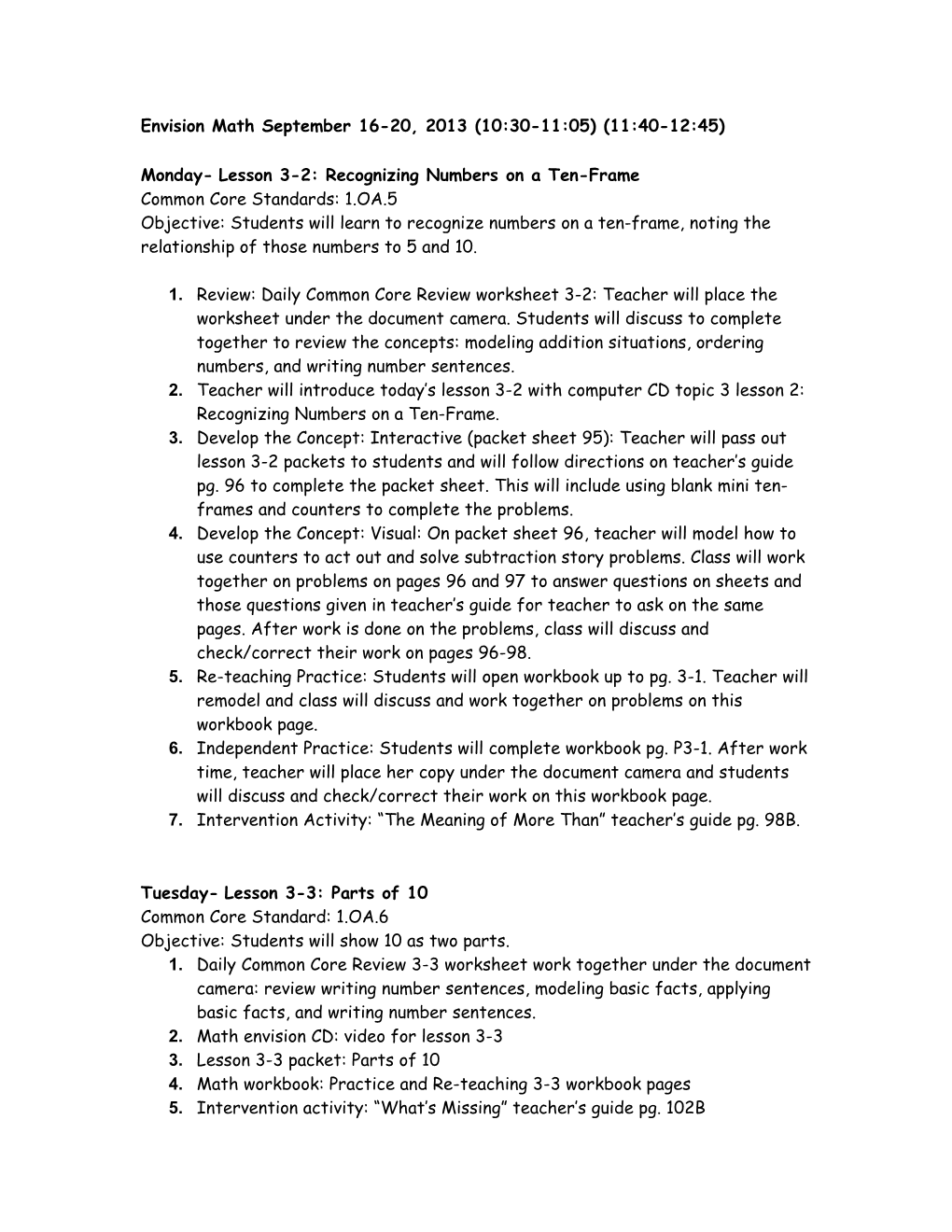 Monday- Lesson 3-2: Recognizing Numbers on a Ten-Frame