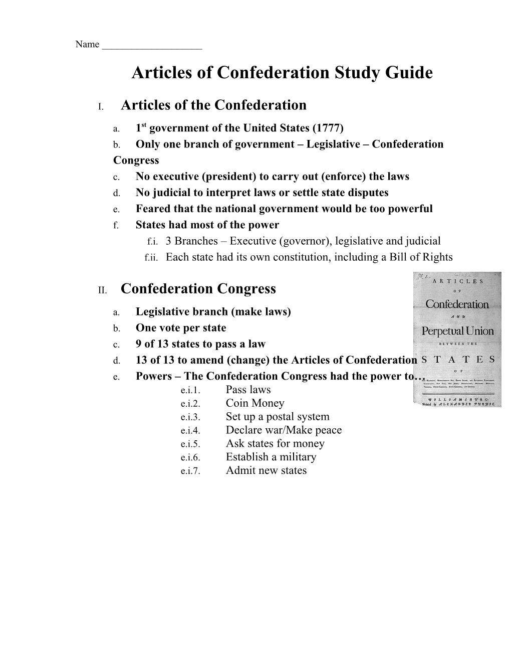 Articles of Confederation Study Guide