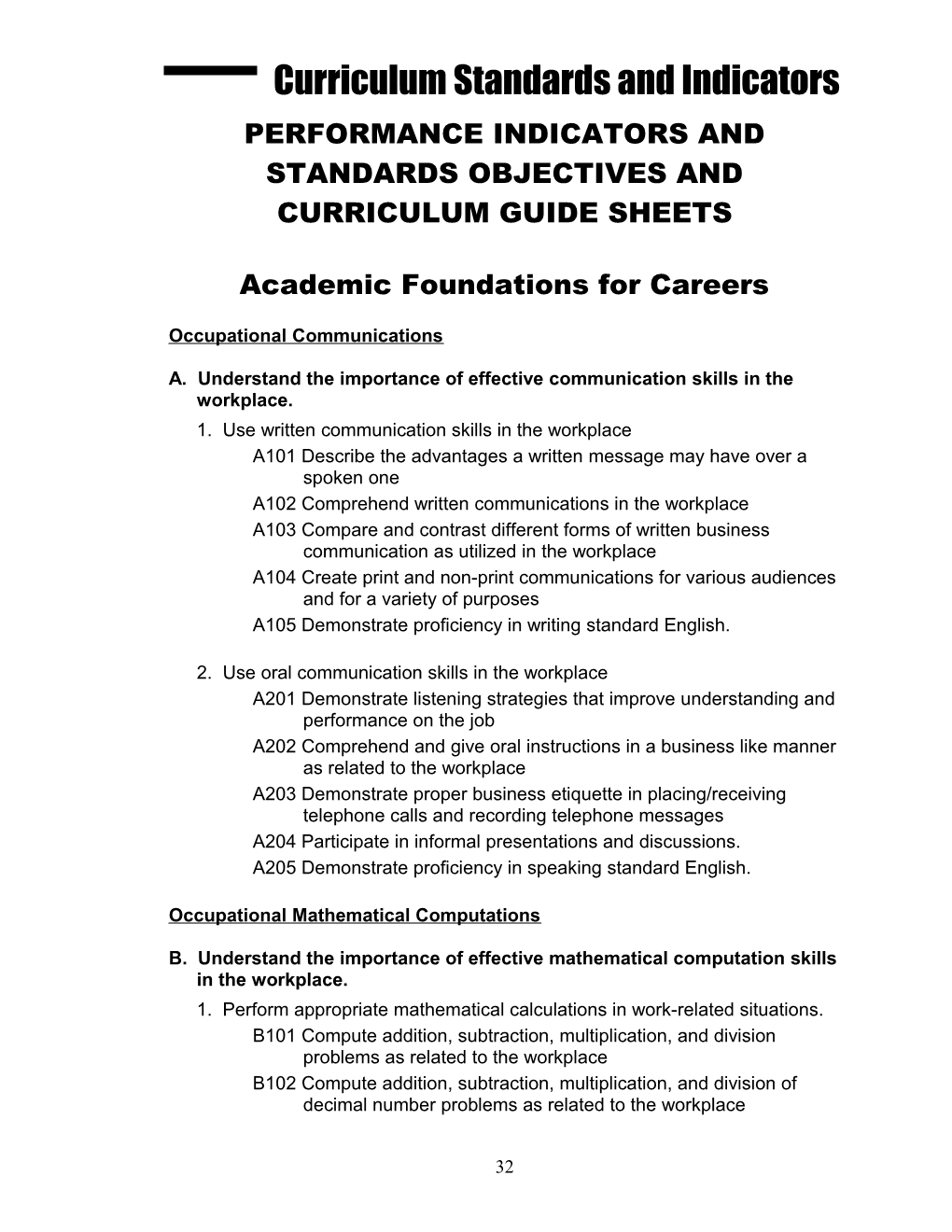 Performance Indicators and Standards Objectives and Curriculum Guide Sheets