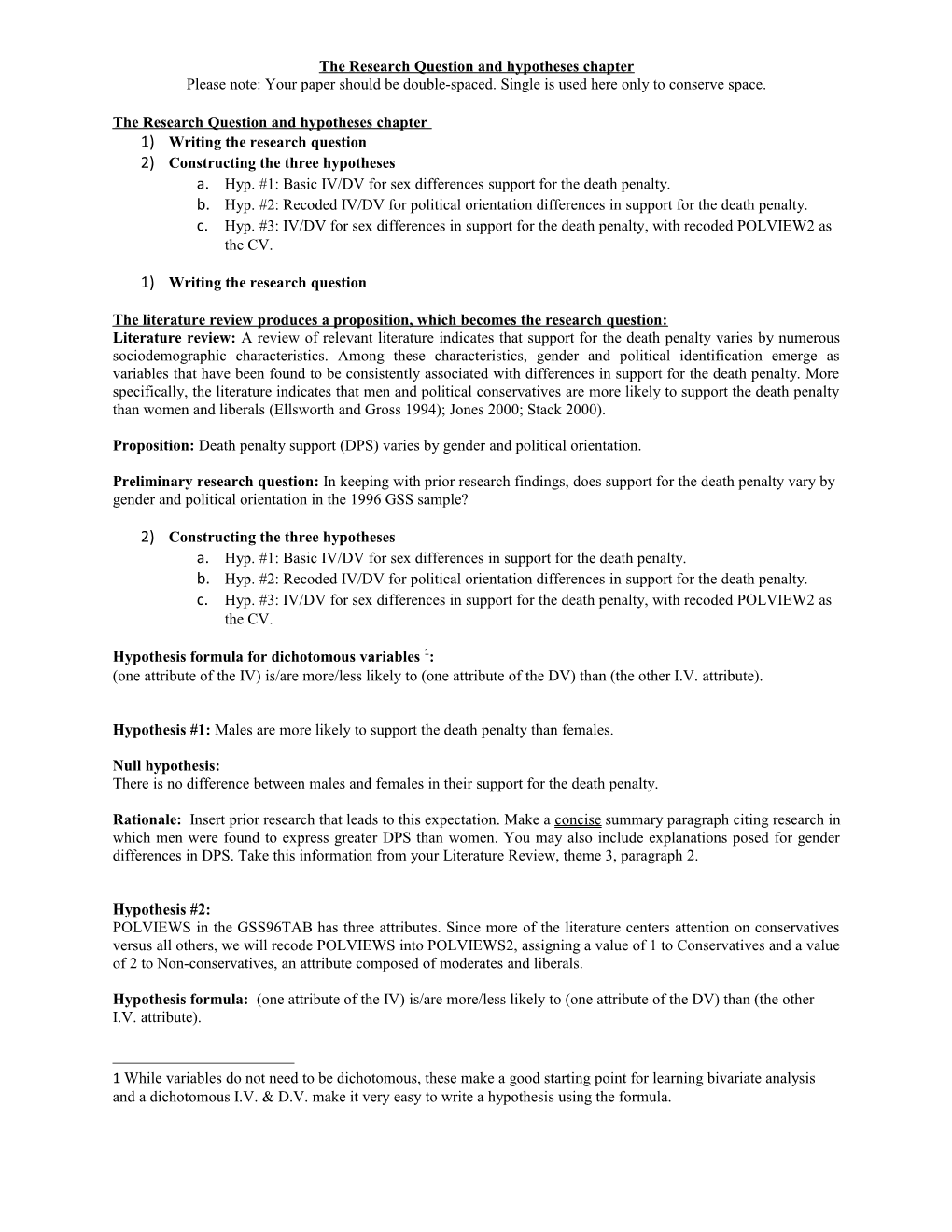 The Research Question and Hypotheses Chapter