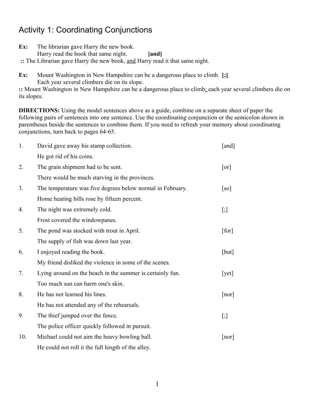 Activity 1: Coordinating Conjunctions