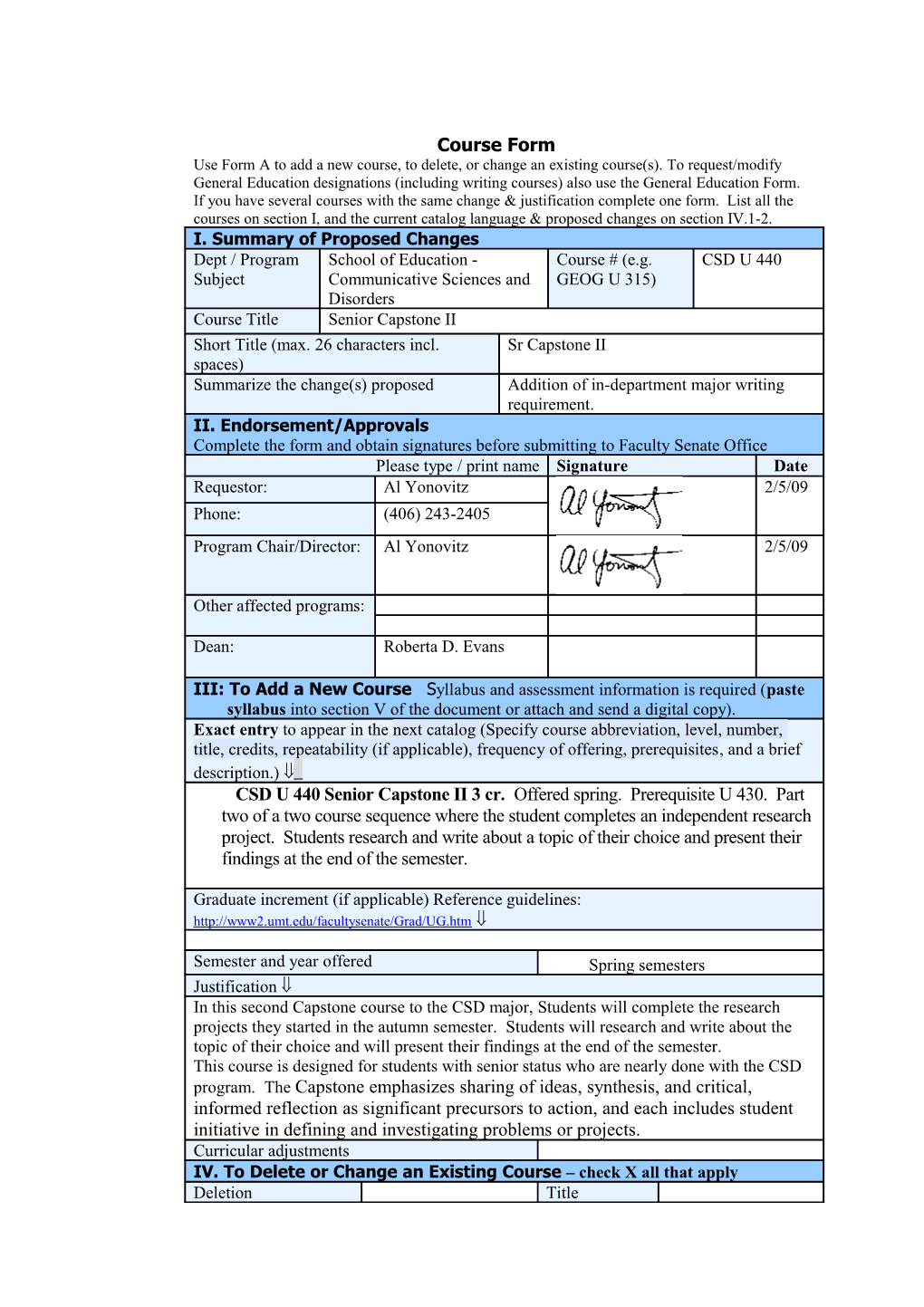 IV. to Delete Or Change an Existing Course Check X All That Apply s1