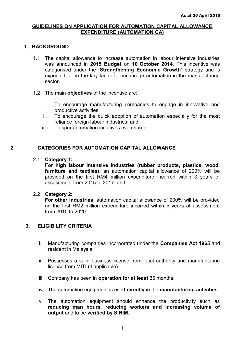 Guidelines on Application for Automation Capital Allowance Expenditure (Automation Ca)