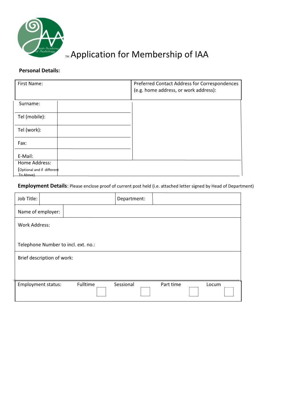 Application for Membership of IAA