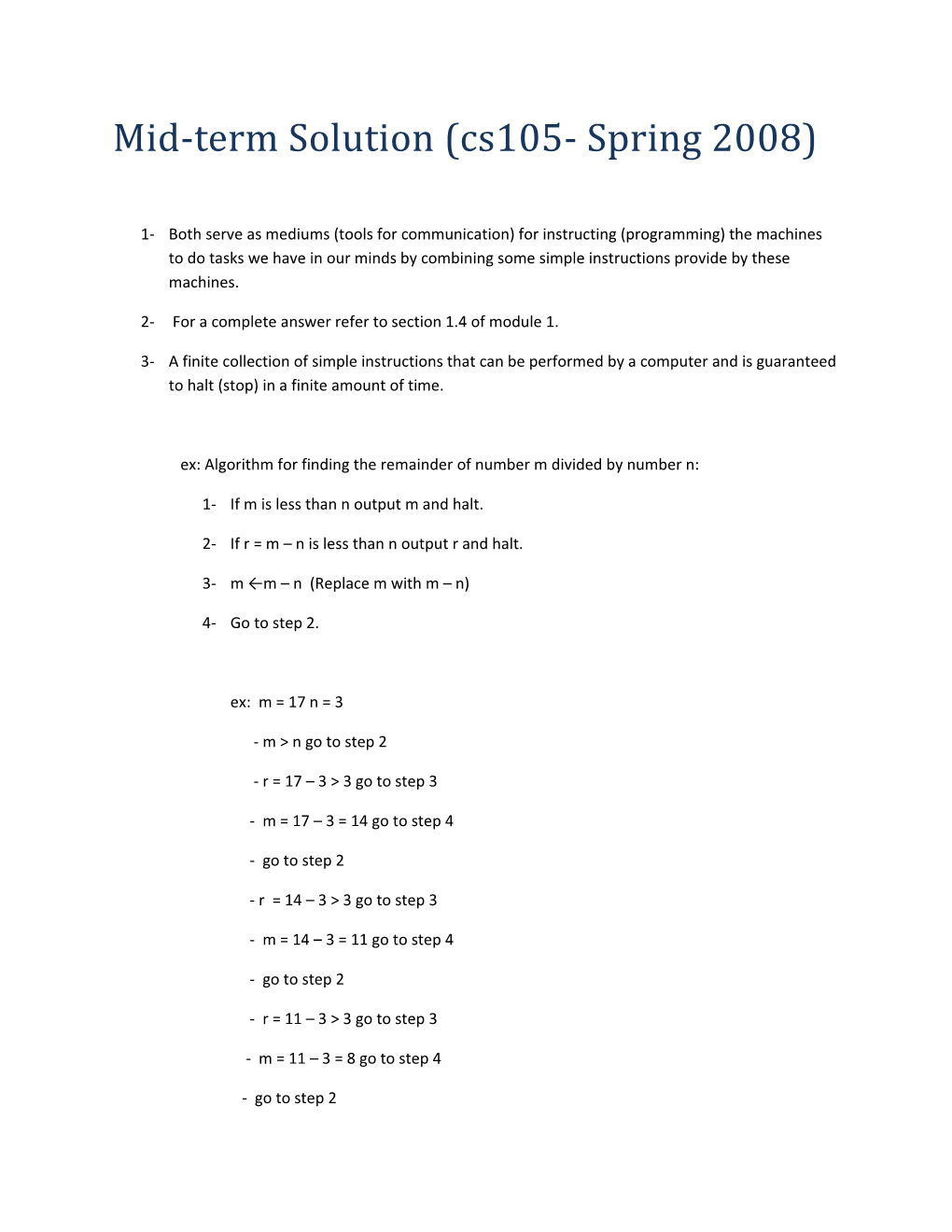 Mid-Term Solution (Cs105- Spring 2008)