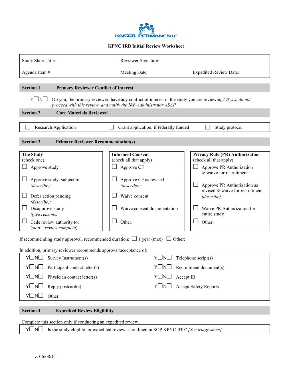 KPNC Initial Review Worksheet