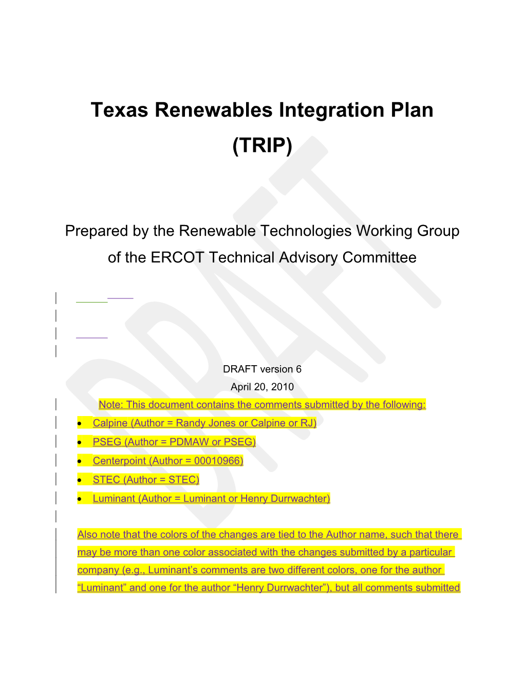 Texas Renewables Integration Plan
