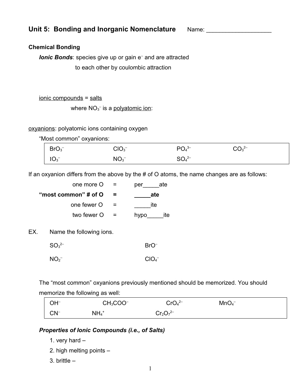 Chemistry: Spring Semester Lecture Notes s2