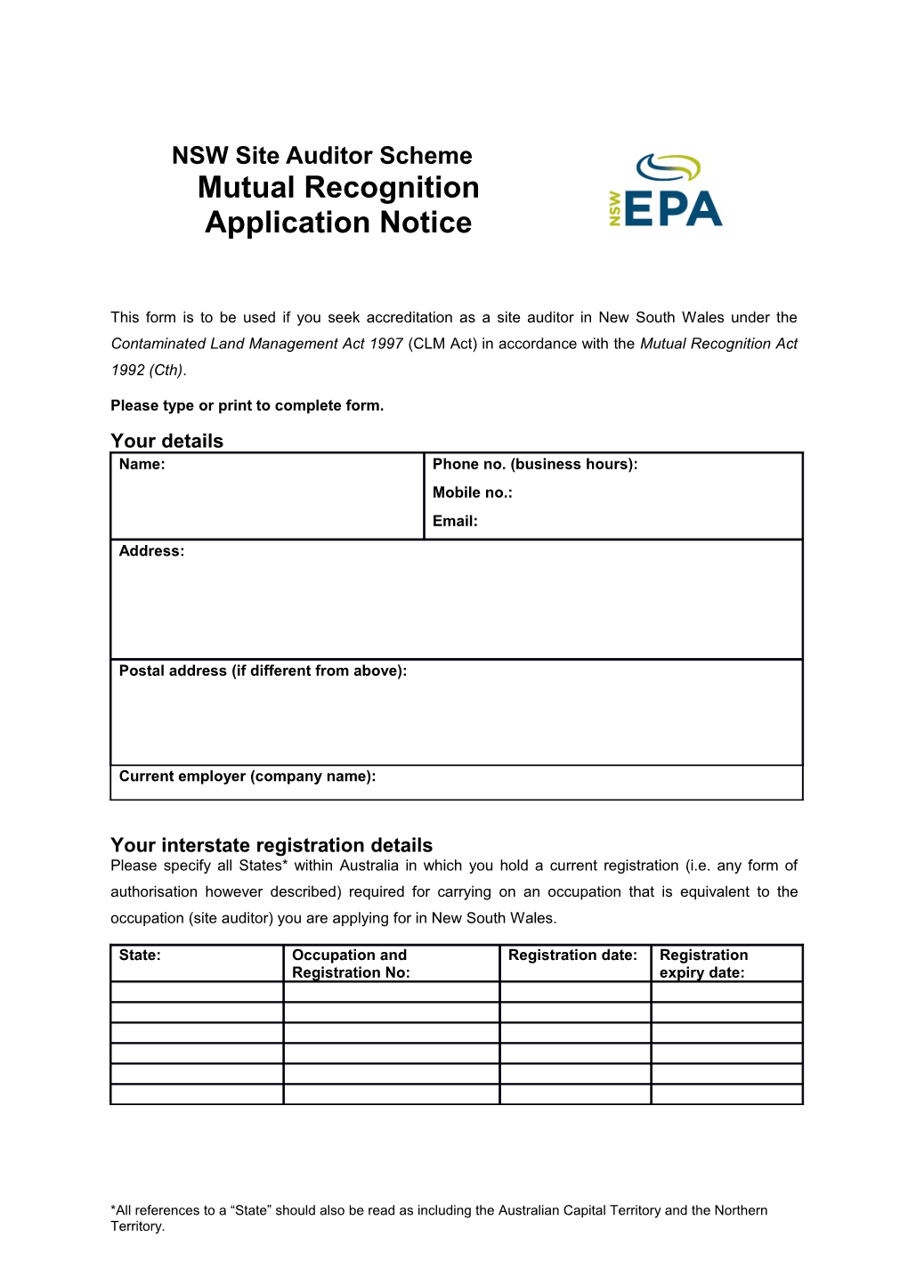 NSW Site Auditor Scheme Mutual Recognition Application Notice