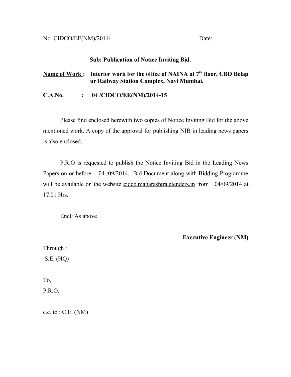 Sub: Publication of Notice Inviting Bid