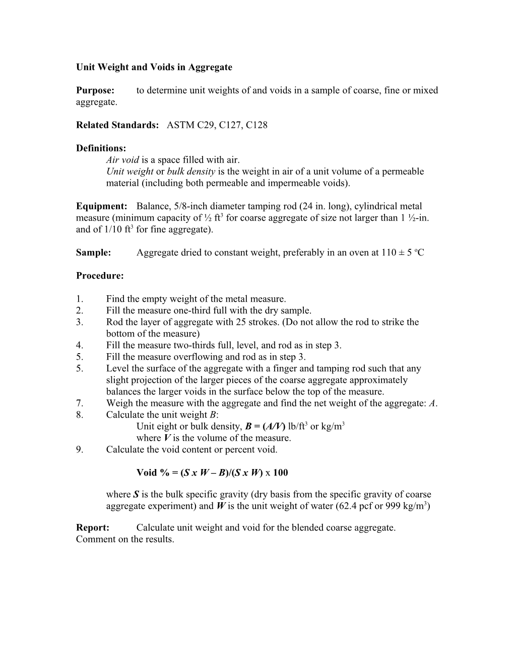 Unit Weight and Voids in Aggregate