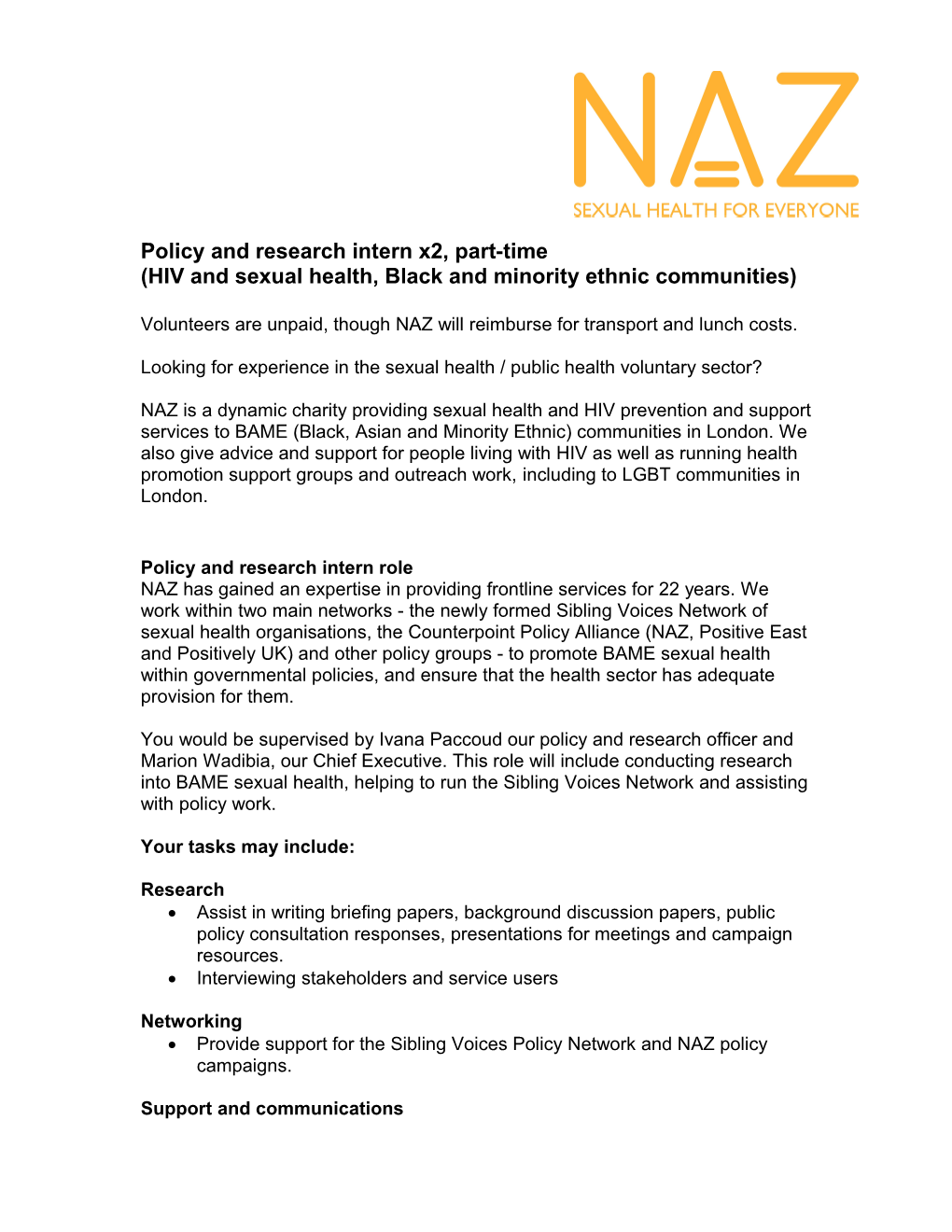 Naz Project London Volunteer Role Description