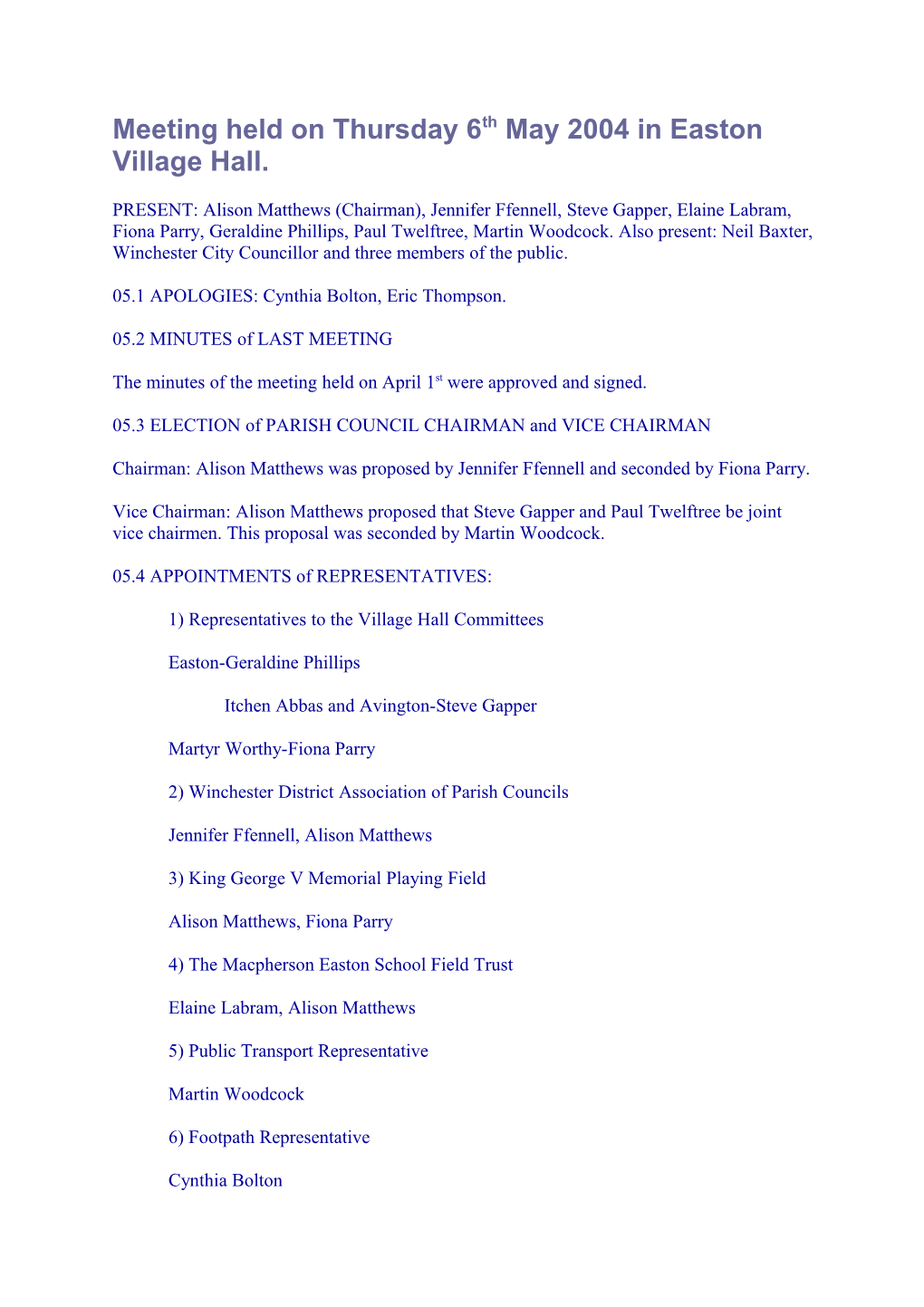 Meeting Held on Thursday 6Th May 2004 in Easton Village Hall