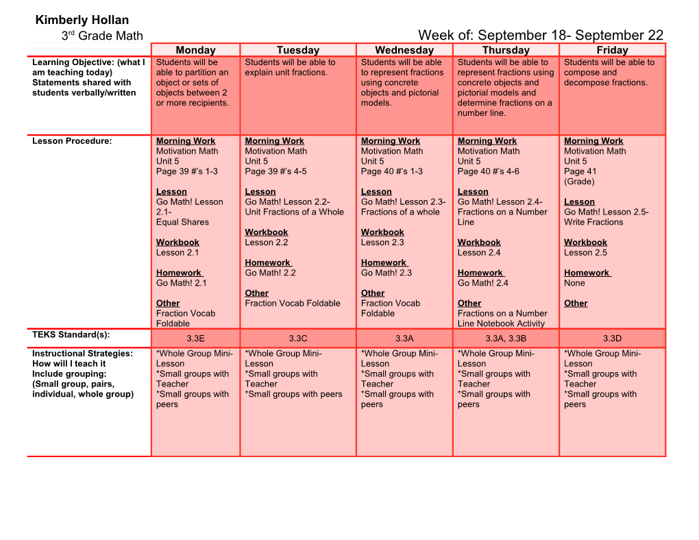 3Rd Grade Math Week Of: September 18- September 22